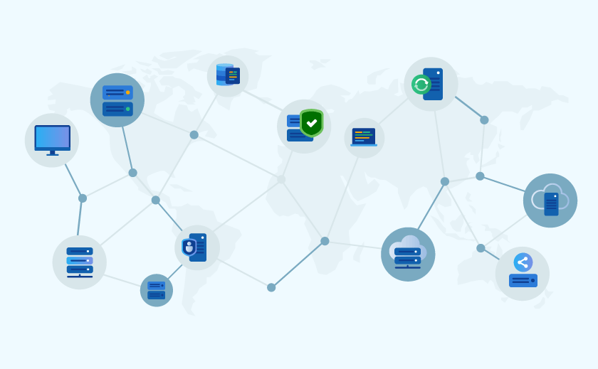 世界地図にネットワークアイコンをちりばめた図